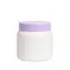 Pote ombrado de 500g em plástico PEAD branco leitoso com tampa Lilás de rosca, em fundo branco puro, ideal para máscaras capilares e cremes cosméticos.
