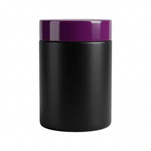 Pote cosmético de 1kg em plástico PEAD preto fosco com tampa roxa de rosca, embalagem robusta de 56g com proteção UV para máscaras capilares, fundo branco.
