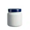 Pote cosmético de 500g em plástico PEAD branco leitoso fosco com tampa azul de rosca, material de alta densidade resistente para cremes e máscaras capilares.