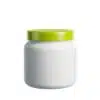 Pote cosmético de 500g em plástico PEAD branco leitoso fosco com tampa verde citrus de rosca, embalagem resistente para máscaras de tratamento e produtos naturais, fundo branco.