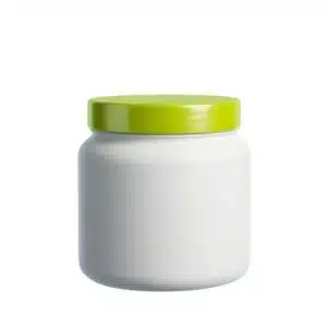 Pote cosmético de 500g em plástico PEAD branco leitoso fosco com tampa verde citrus de rosca, embalagem resistente para máscaras de tratamento e produtos naturais, fundo branco.