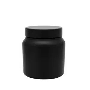 Pote cosmético de 500g ombrado em plástico PEAD preto fosco com tampa preta de rosca, embalagem premium com proteção UV para máscaras capilares e cremes, fundo branco.