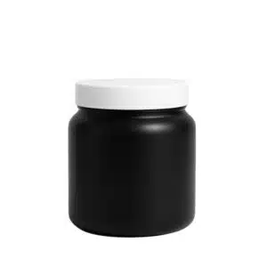Pote cosmético de 500g ombrado em plástico PEAD preto fosco com tampa branca de rosca, embalagem premium com proteção UV para máscaras e cremes, fundo branco.