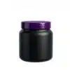 Pote cosmético de 500g ombrado em plástico PEAD preto fosco com tampa roxa de rosca, embalagem premium com proteção UV para máscaras capilares e cremes, fundo branco.