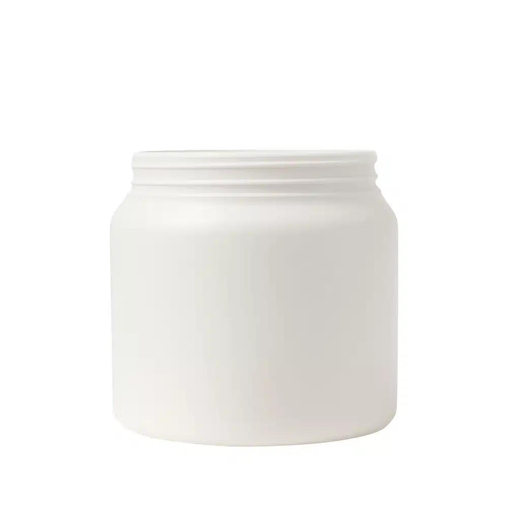 Pote cosmético de 500g ombrado em plástico PEAD branco fosco sem tampa .embalagem premium com proteção UV para máscaras e cremes, fundo branco.