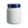 Pote cosmético de 1kg em plástico PEAD branco leitoso fosco com tampa azul marinho de rosca, material de alta densidade resistente para cremes e máscaras capilares.