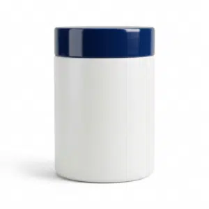 Pote cosmético de 1kg em plástico PEAD branco leitoso fosco com tampa azul de rosca, material de alta densidade resistente para cremes e máscaras capilares.