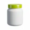 Pote cosmético de 1kg em plástico PEAD branco leitoso fosco com tampa verde citrus de rosca, embalagem resistente para máscaras de tratamento e produtos naturais, fundo branco.