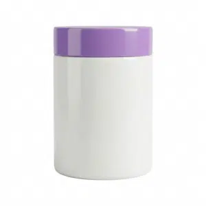 Pote cosmético de 1kg em plástico PEAD branco leitoso fosco com tampa lilás de rosca, embalagem ombrada profissional para máscaras capilares e cremes, fundo branco.