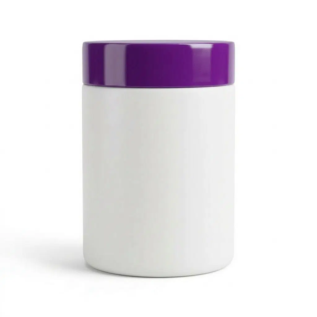 Pote de 1kg em plástico PEAD branco leitoso com tampa Lilás de rosca, em fundo branco puro, ideal para máscaras capilares e cremes cosméticos.