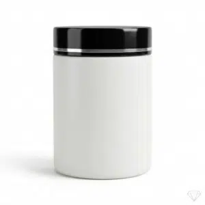 Pote cosmético de 1kg em plástico PEAD branco leitoso fosco com tampa preta brilhante decorada com filete prata hotstamping, fundo branco.