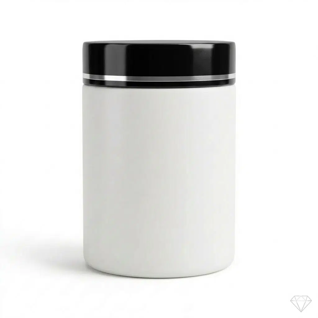 Pote cosmético de 1kg em plástico PEAD branco leitoso fosco com tampa preta brilhante decorada com filete prata hotstamping, fundo branco.