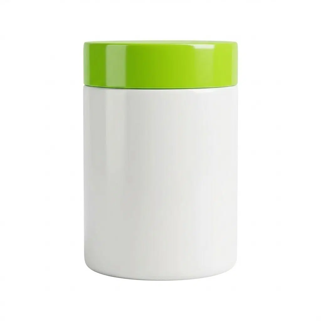 Pote cosmético de 1kg em plástico PEAD branco leitoso fosco com tampa verde citrus de rosca, embalagem resistente para máscaras de tratamento e produtos naturais, fundo branco.