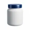 Pote cosmético de 1kg em plástico PEAD branco leitoso fosco com tampa azul de rosca, material de alta densidade resistente para cremes e máscaras capilares.