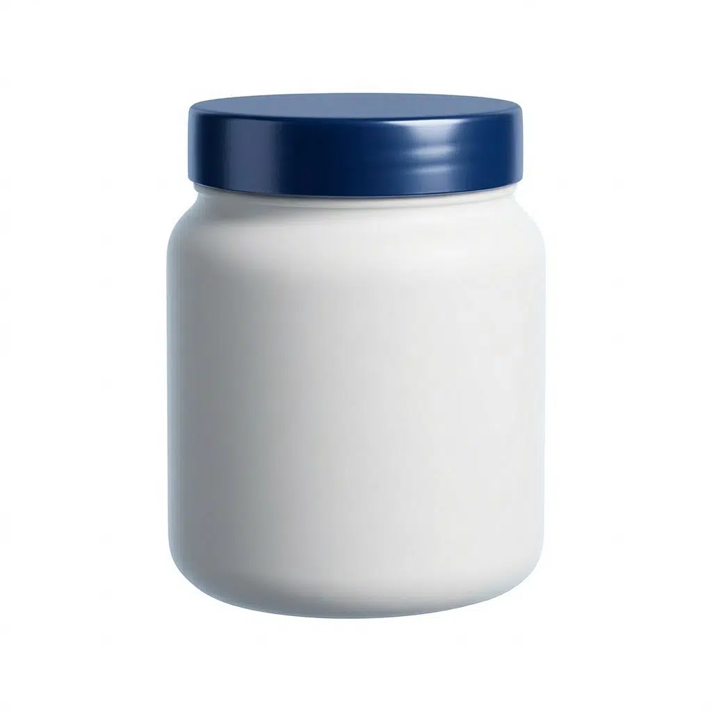 Pote cosmético de 1kg em plástico PEAD branco leitoso fosco com tampa azul de rosca, material de alta densidade resistente para cremes e máscaras capilares.